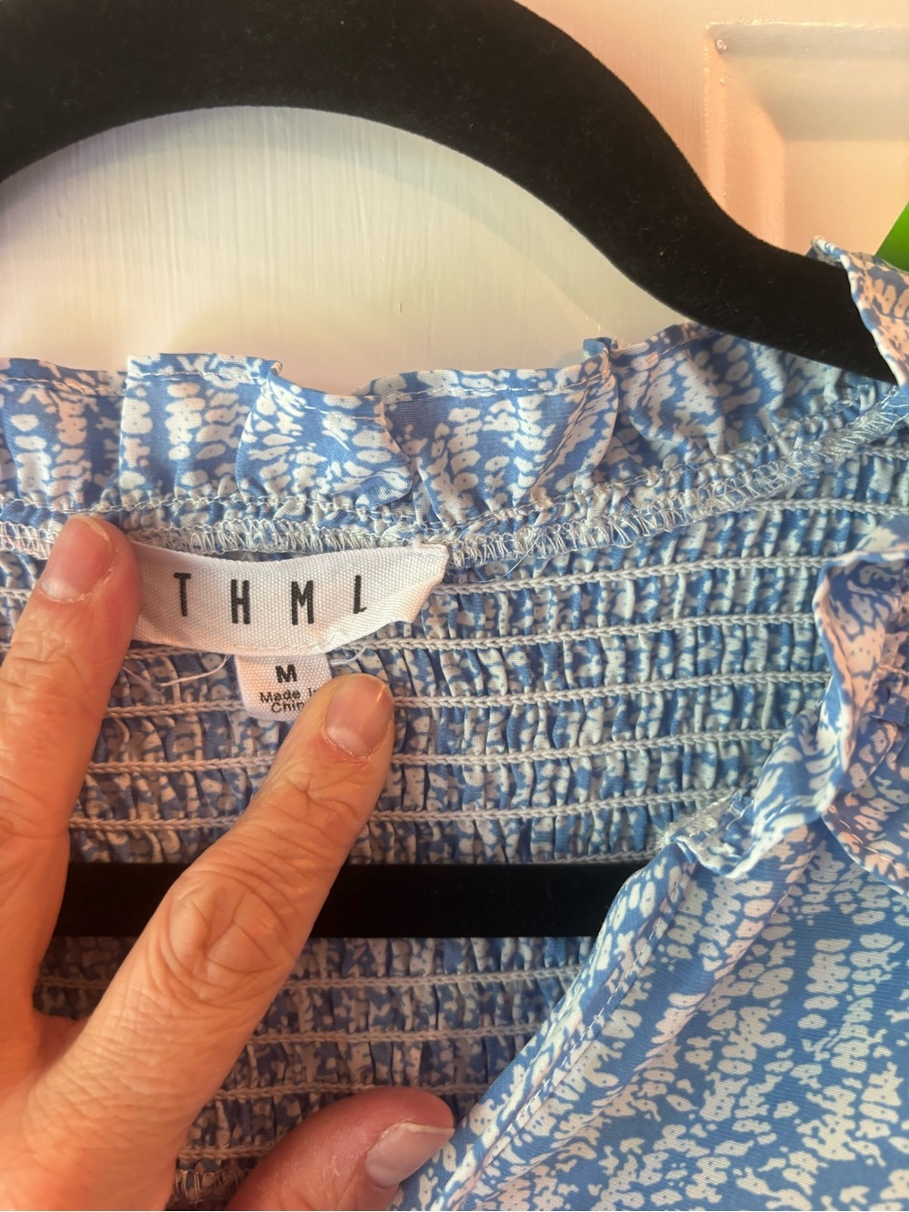 THML Blue and White Printed Smocked-Detail Tassel Top - Picture 3 of 3